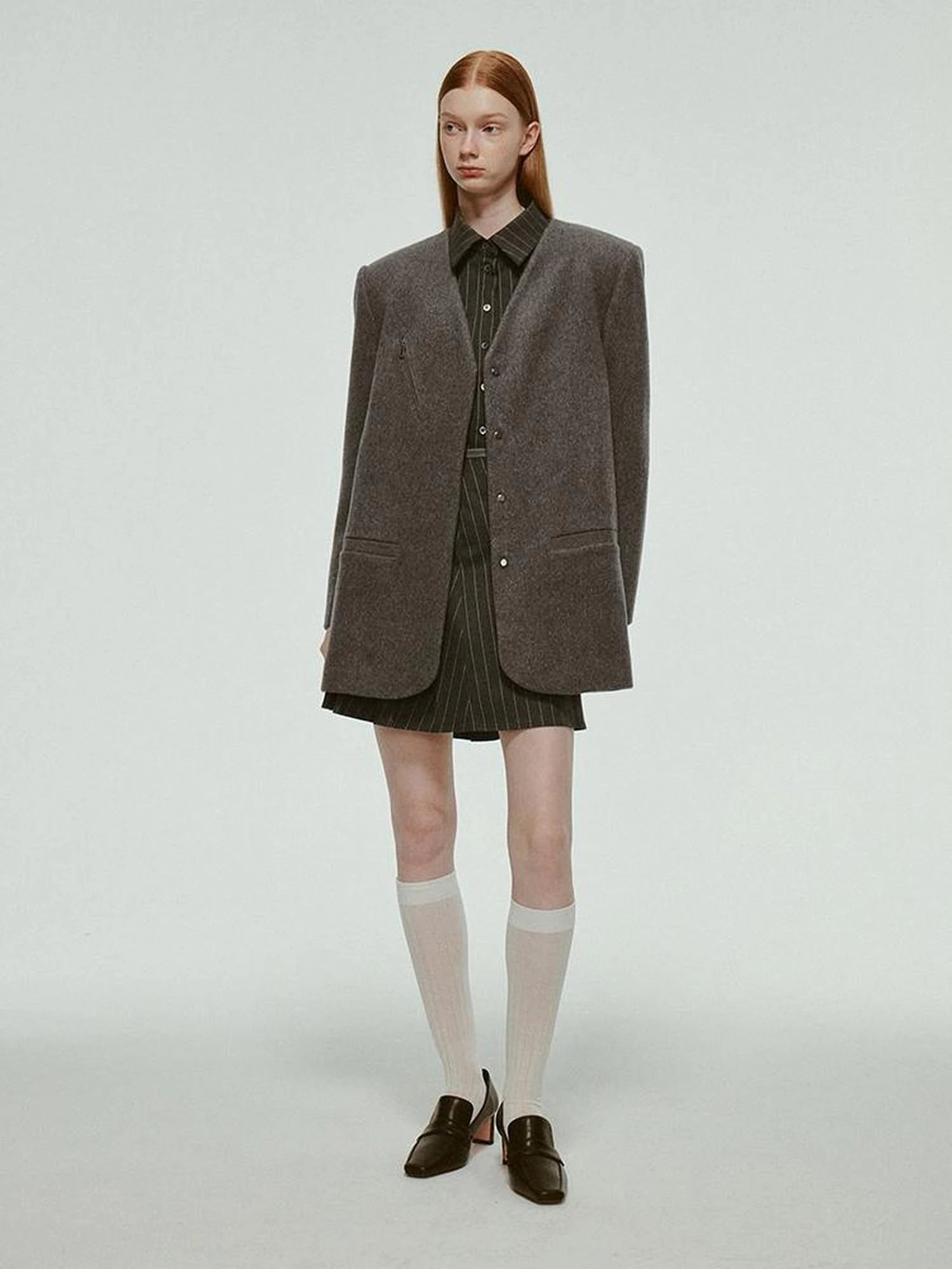 Oversized V-Neck Wool Blend Blazer In Mercury Gray