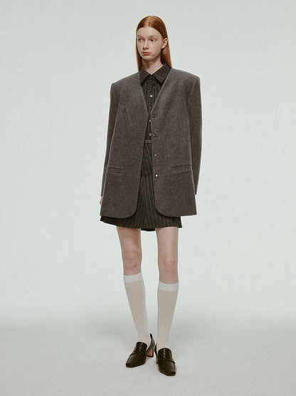 Oversized V-Neck Wool Blend Blazer In Mercury Gray