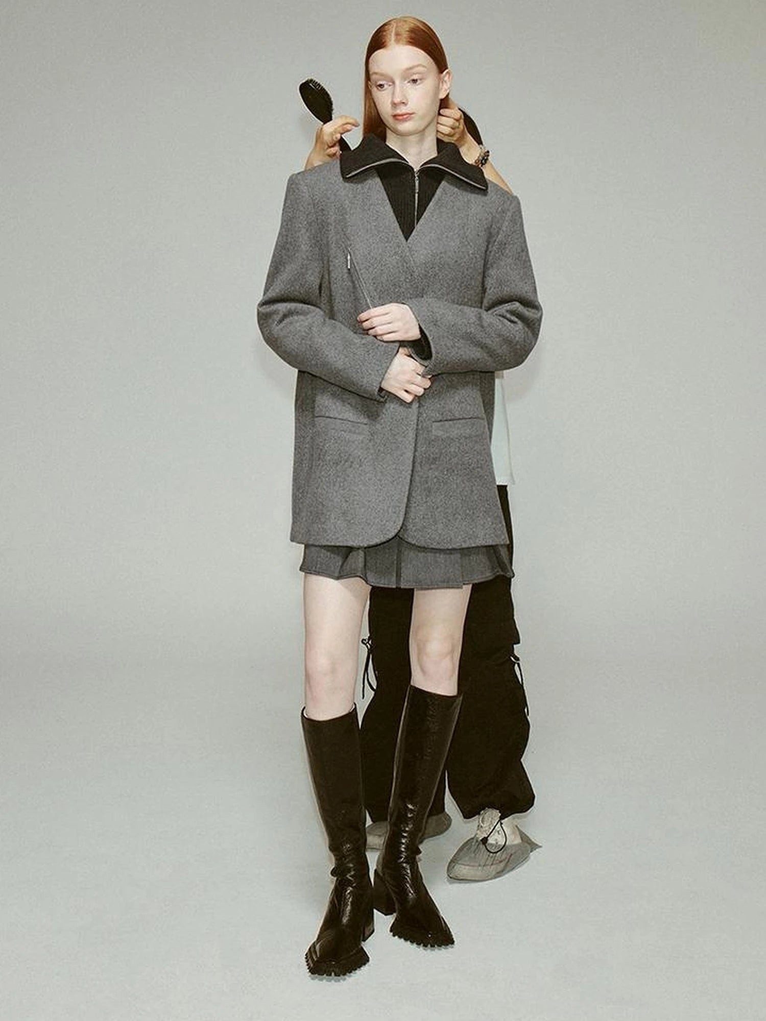 Oversized V-Neck Wool Blend Blazer In Mercury Gray