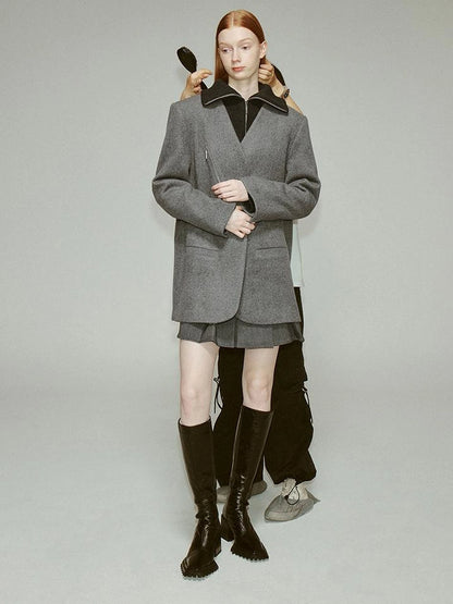 Oversized V-Neck Wool Blend Blazer In Mercury Gray