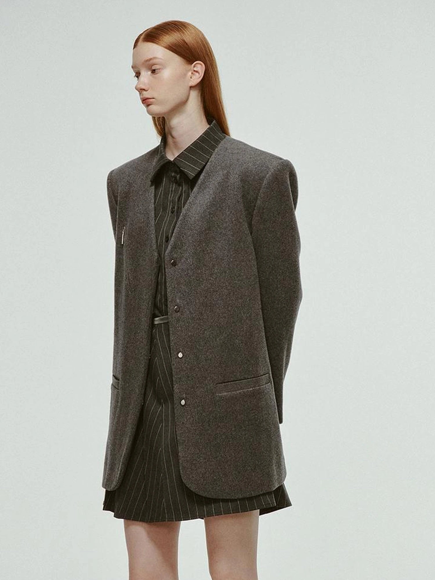 Oversized V-Neck Wool Blend Blazer In Mercury Gray