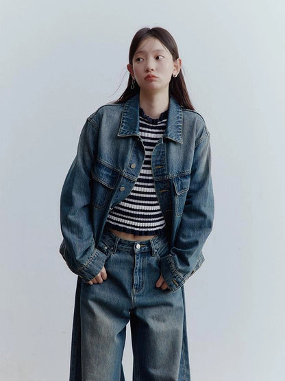 Oversized Vintage Wash Denim Jacket In Retro Blue