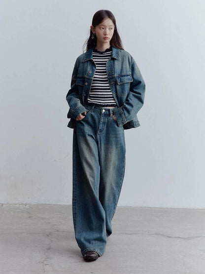 Oversized Vintage Wash Denim Jacket In Retro Blue