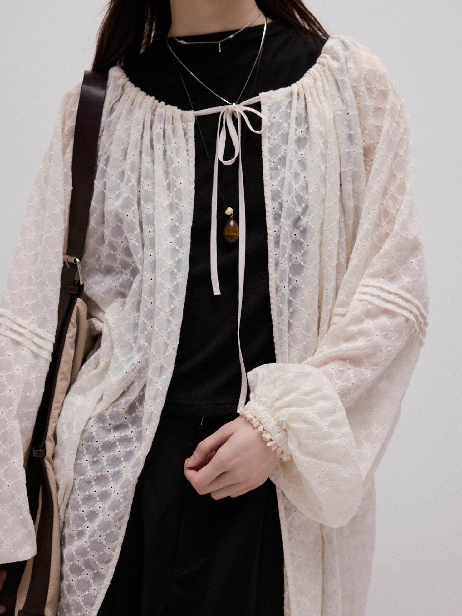 FUSSED Pearl White Embossed Daisy Embroidery Raglan Women&