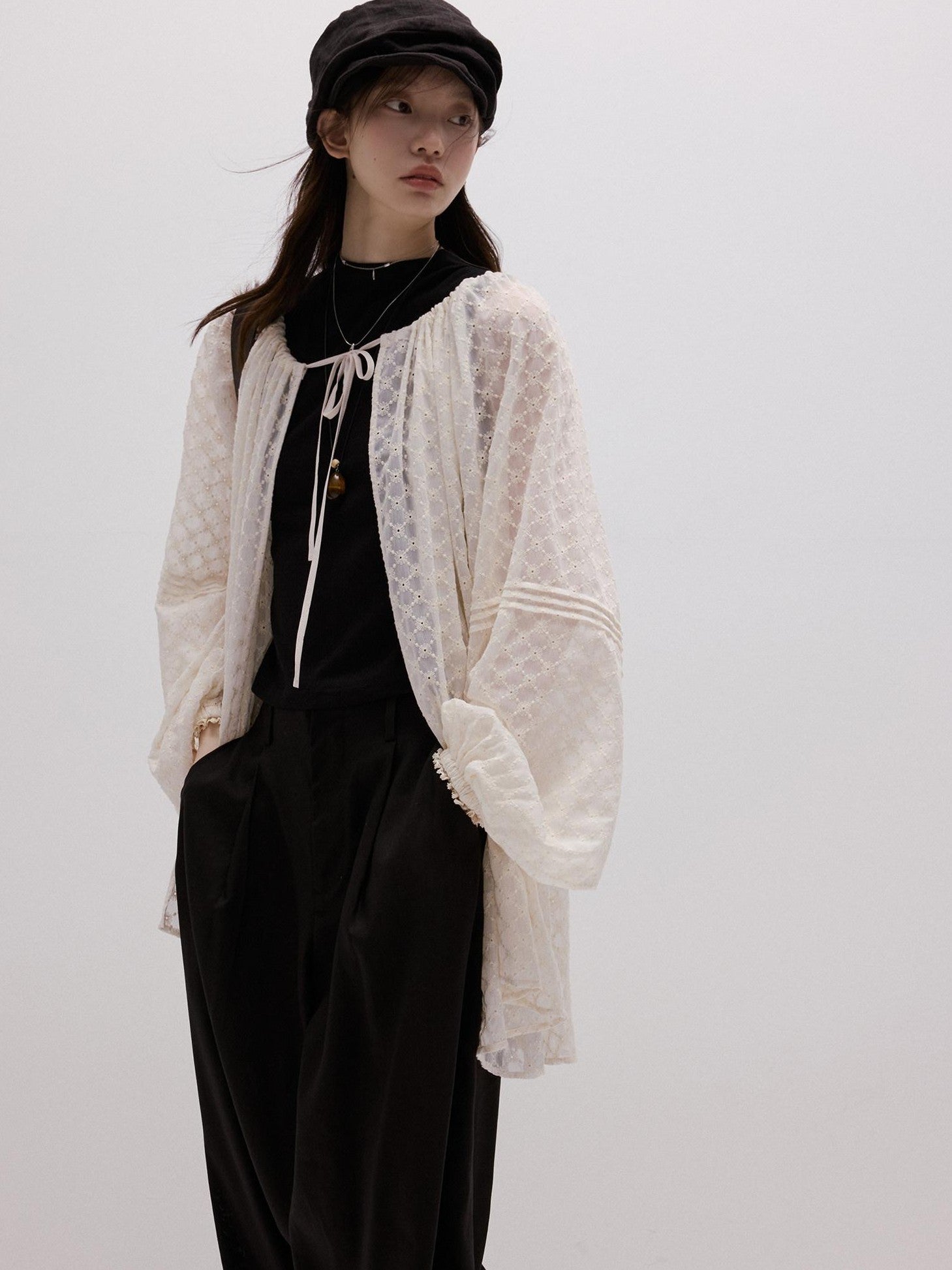 FUSSED Pearl White Embossed Daisy Embroidery Raglan Women&
