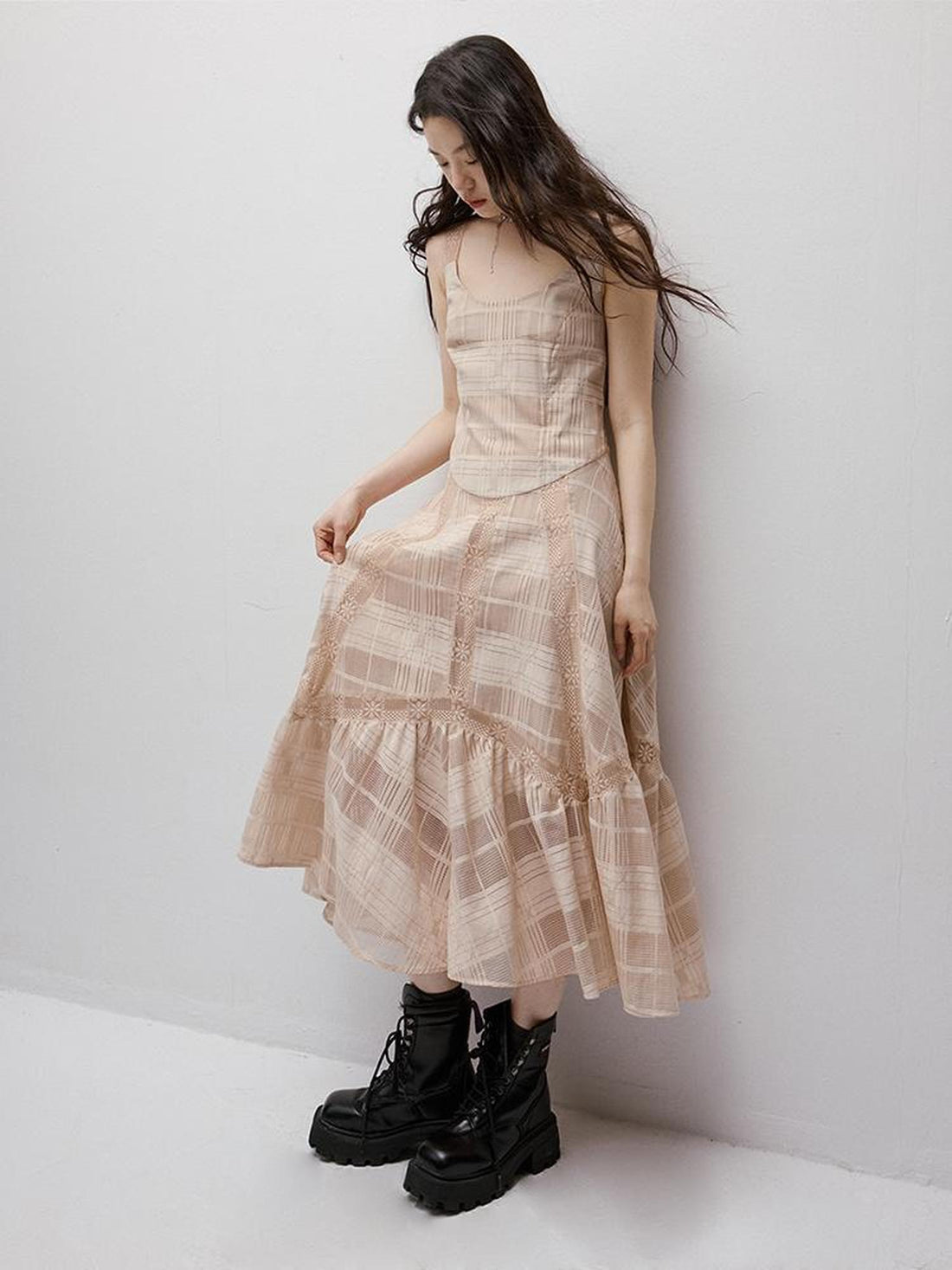 FUSSED Pink Hour Check Jacquard Lace Hollow Out Dress