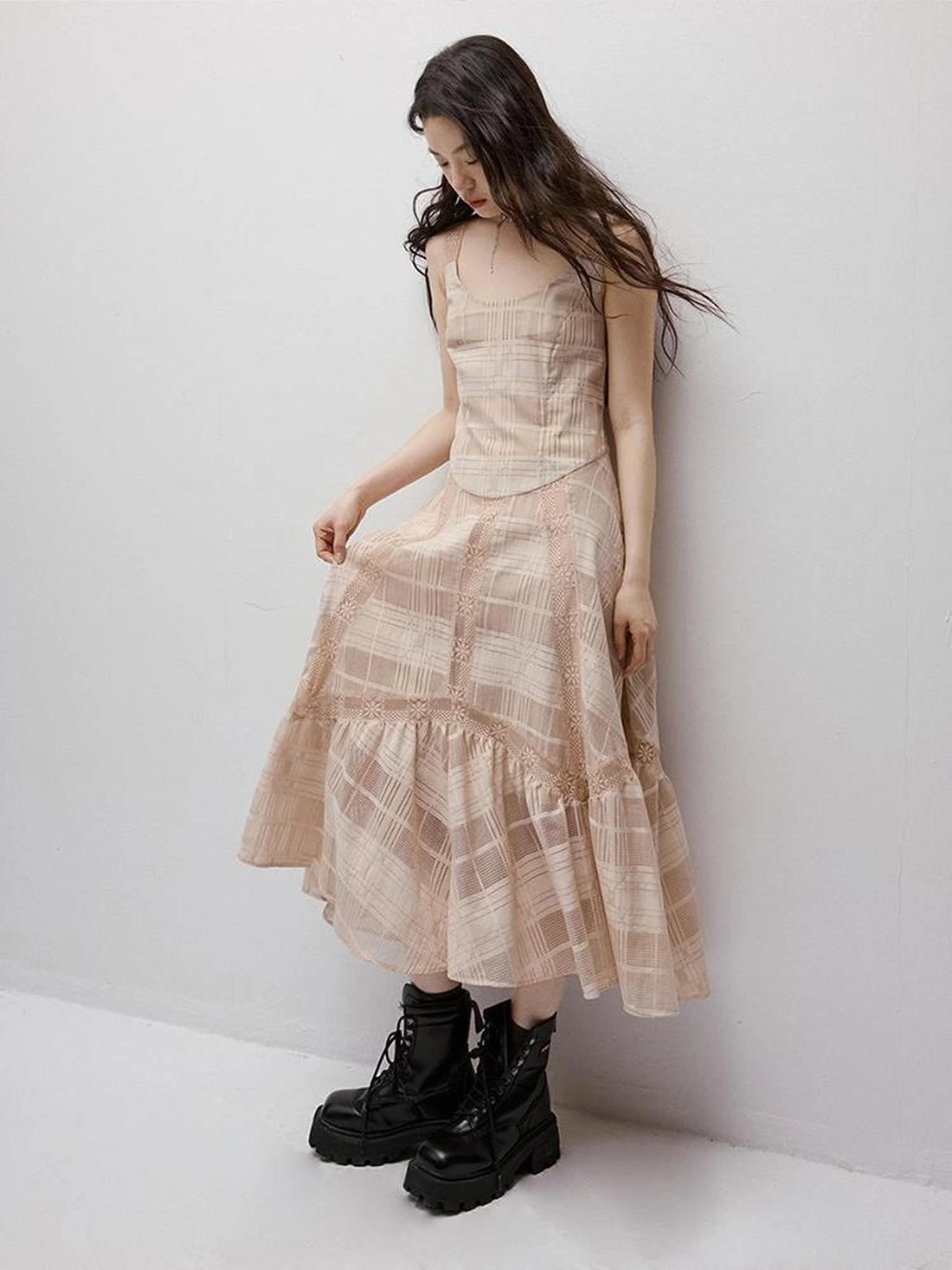 Pink Hour Check Jacquard Lace Hollow Out Dress