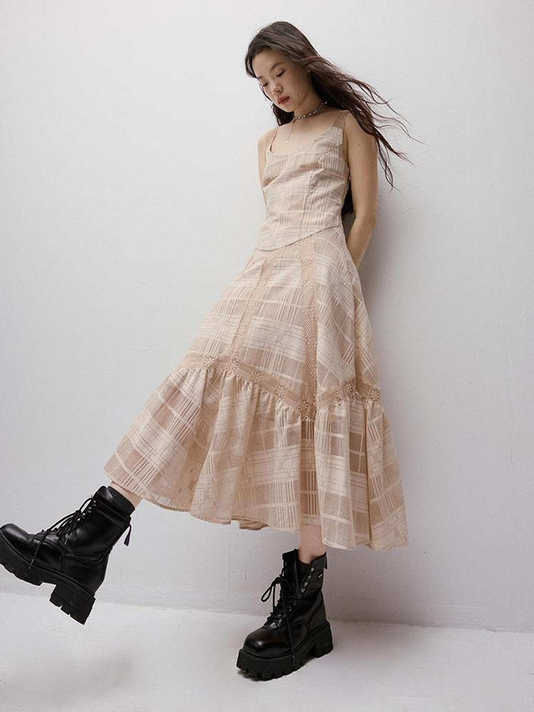 FUSSED Pink Hour Check Jacquard Lace Hollow Out Dress