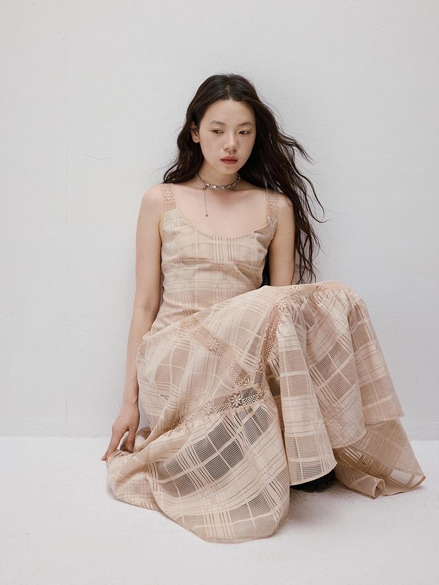FUSSED Pink Hour Check Jacquard Lace Hollow Out Dress