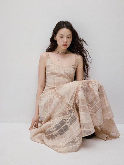 FUSSED Pink Hour Check Jacquard Lace Hollow Out Dress