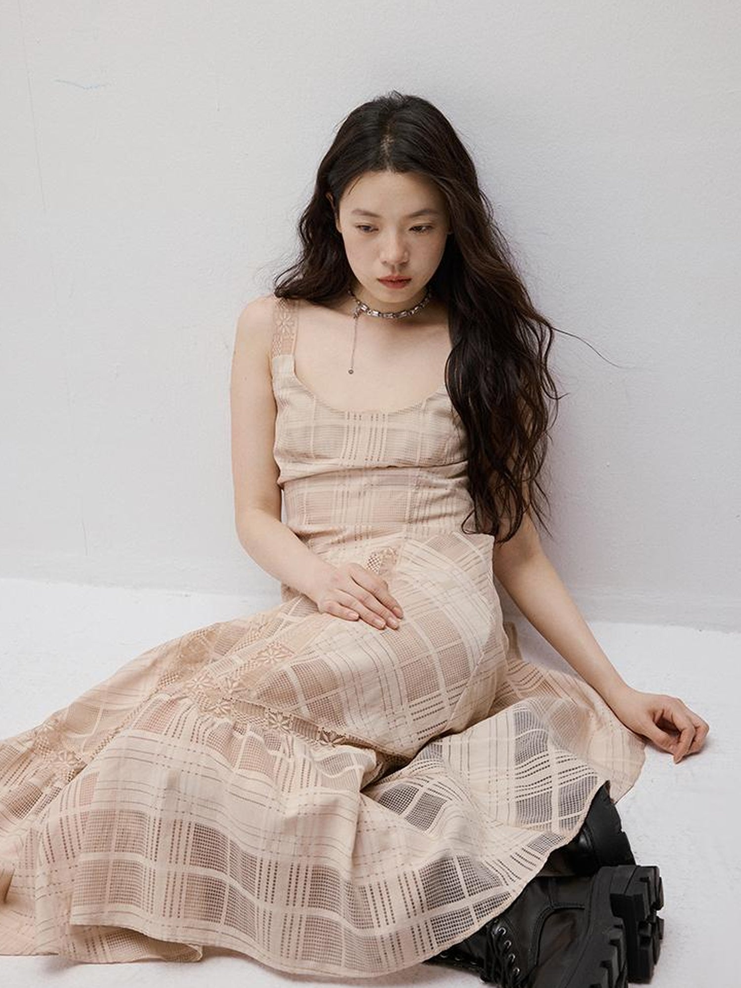 FUSSED Pink Hour Check Jacquard Lace Hollow Out Dress