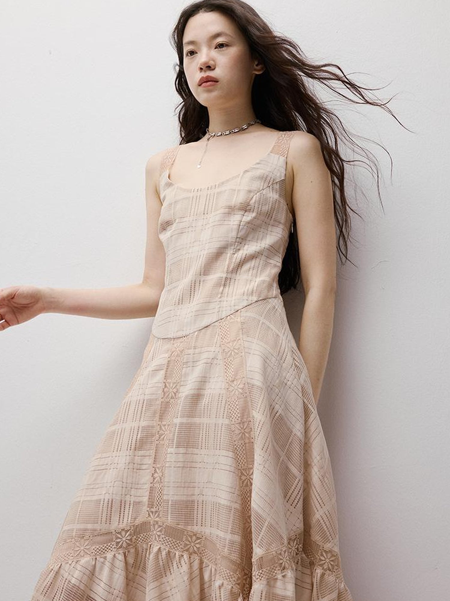 FUSSED Pink Hour Check Jacquard Lace Hollow Out Dress