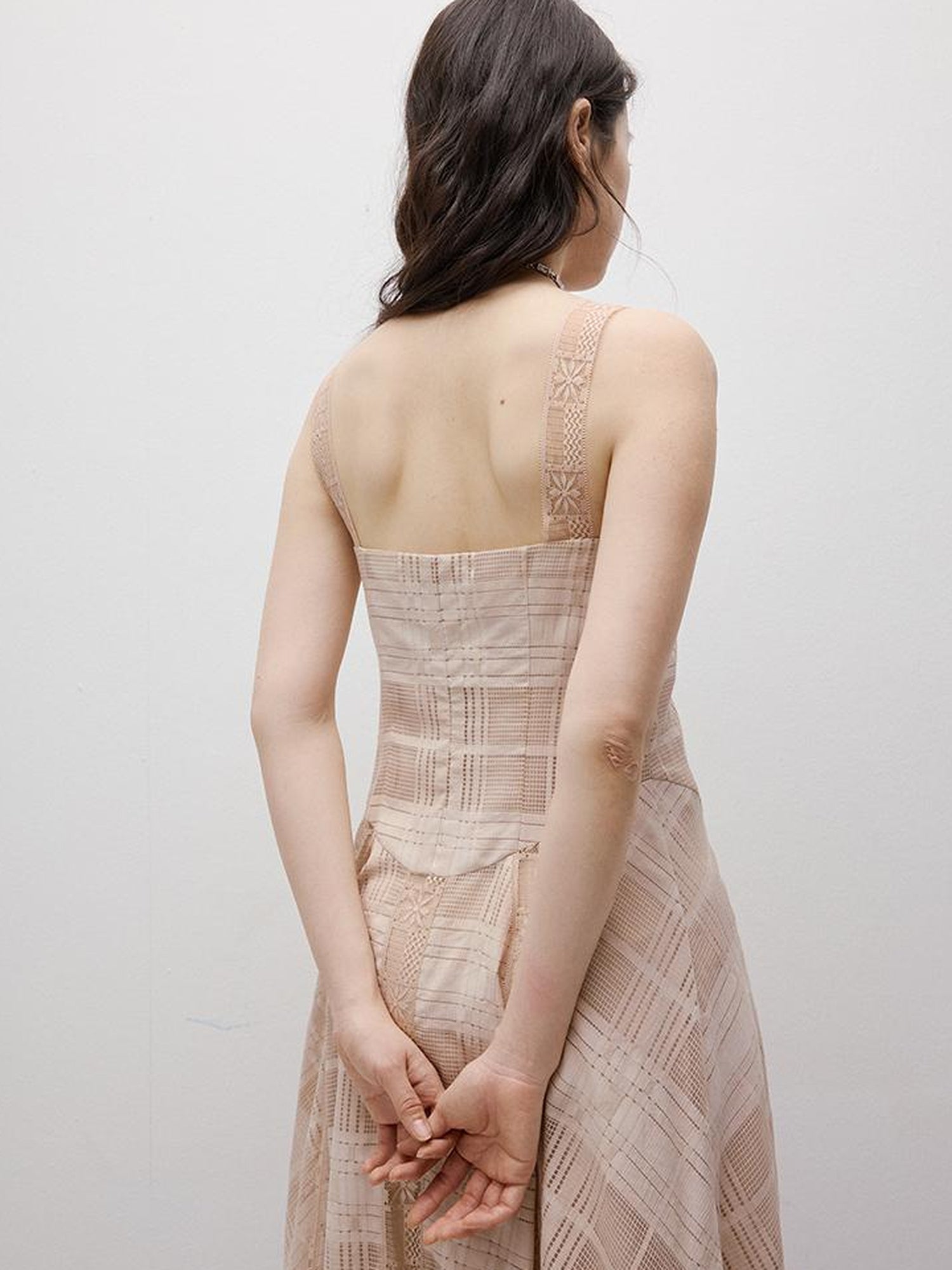 FUSSED Pink Hour Check Jacquard Lace Hollow Out Dress