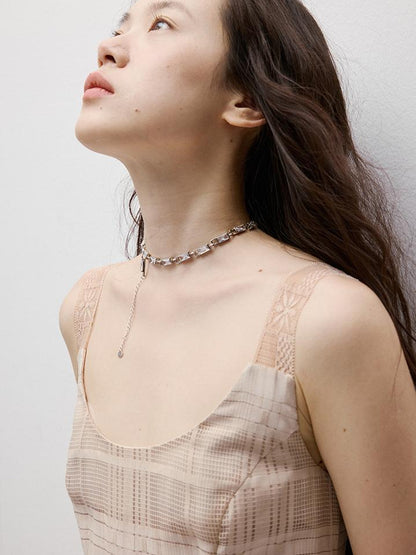 FUSSED Pink Hour Check Jacquard Lace Hollow Out Dress