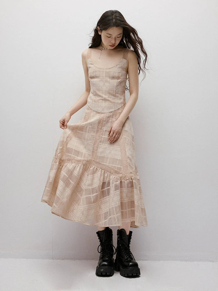 Pink Hour Check Jacquard Lace Hollow Out Dress