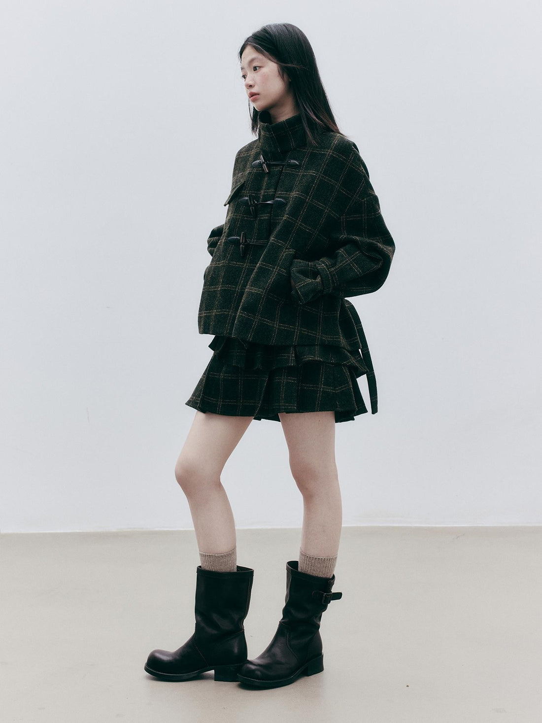 FUSSED Plaid Horn Button Loose Wool Women&