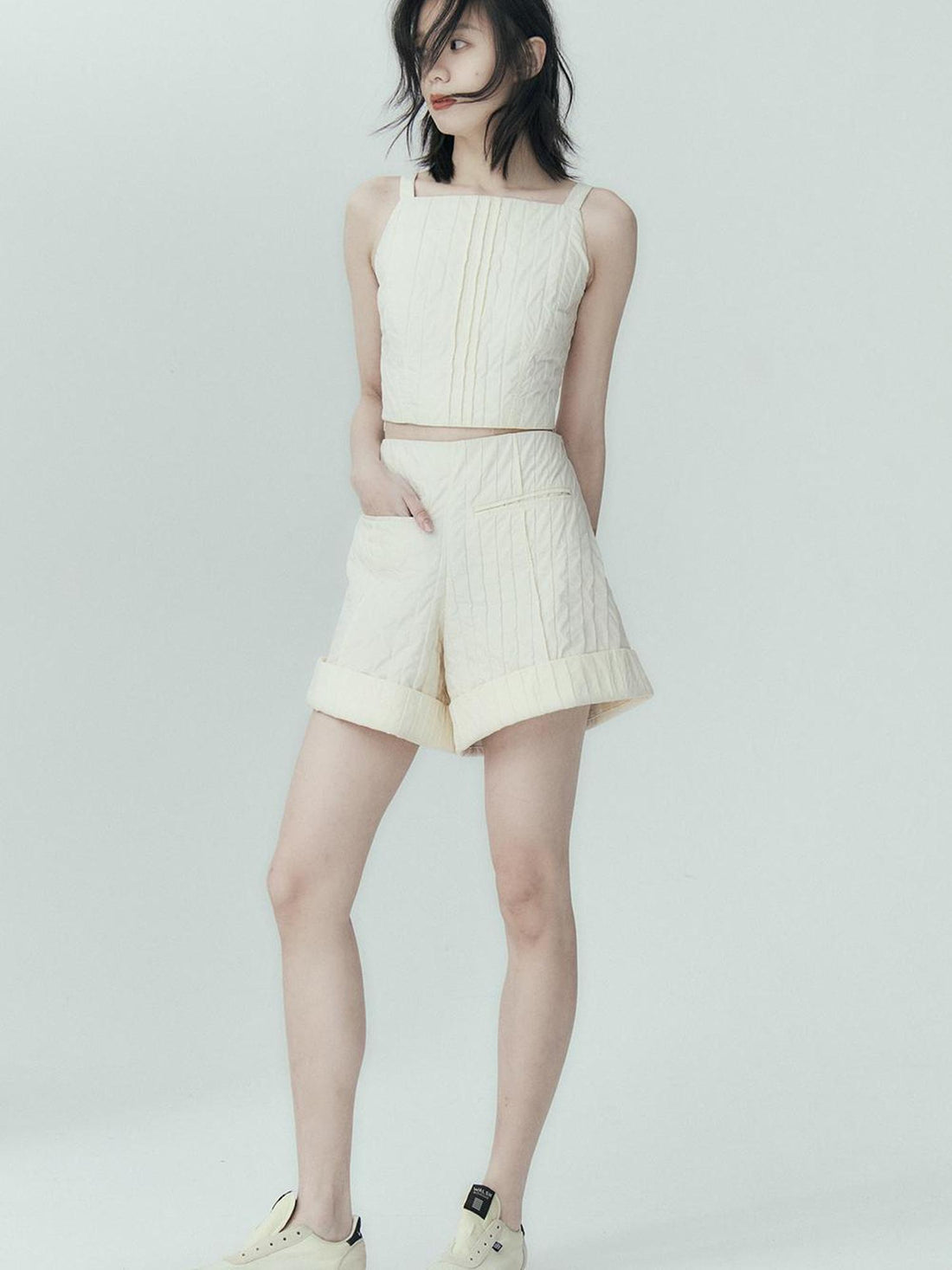 FUSSED Pleated Cotton Texture Strapless Top
