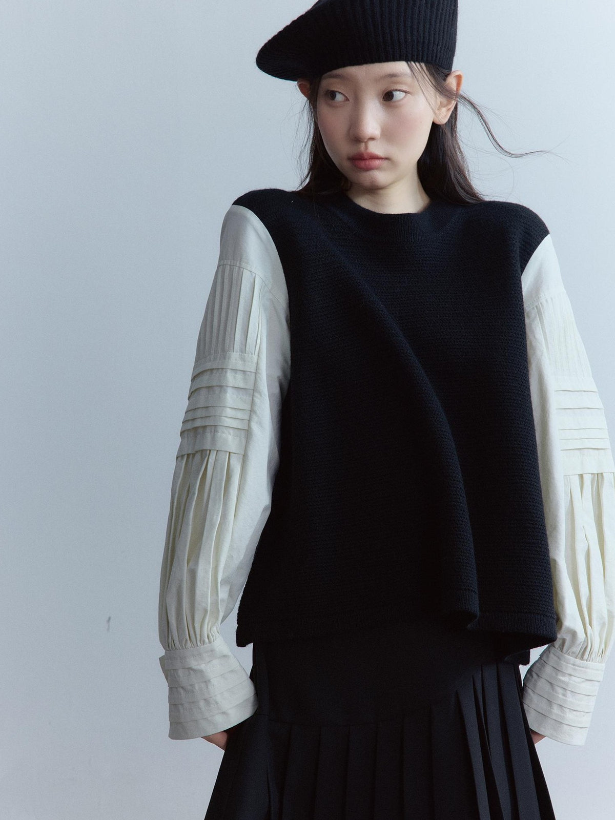 FUSSED Pleated Layered Shirt Paneled Black And White Women&