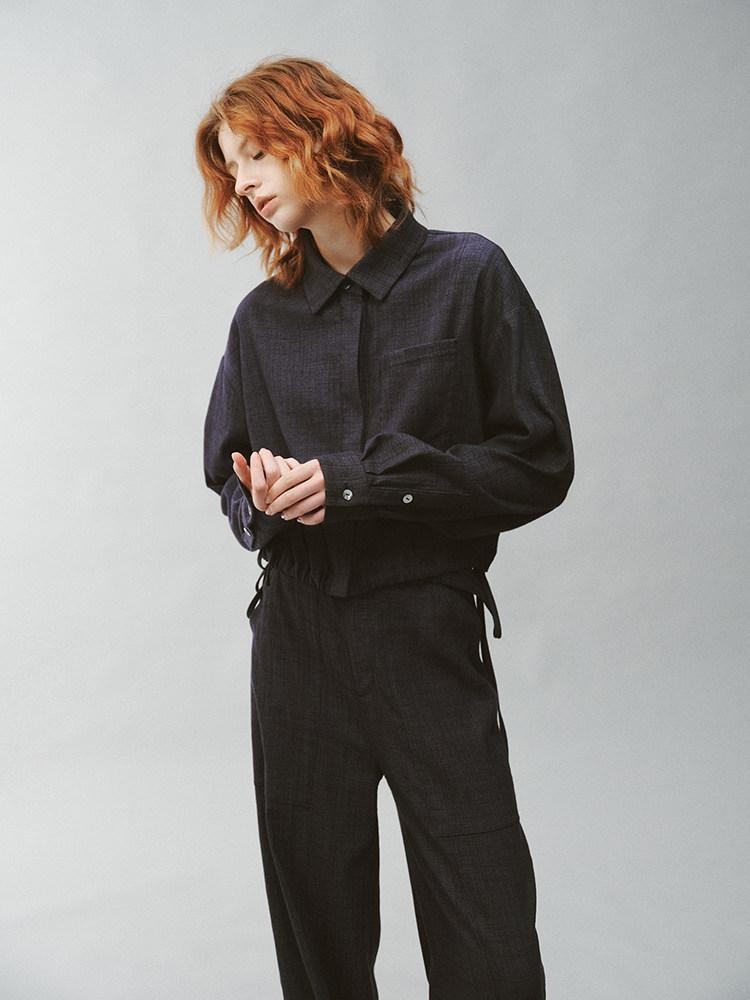 FUSSED Pleated Panelled Stand Collar Relaxed Cropped Women&