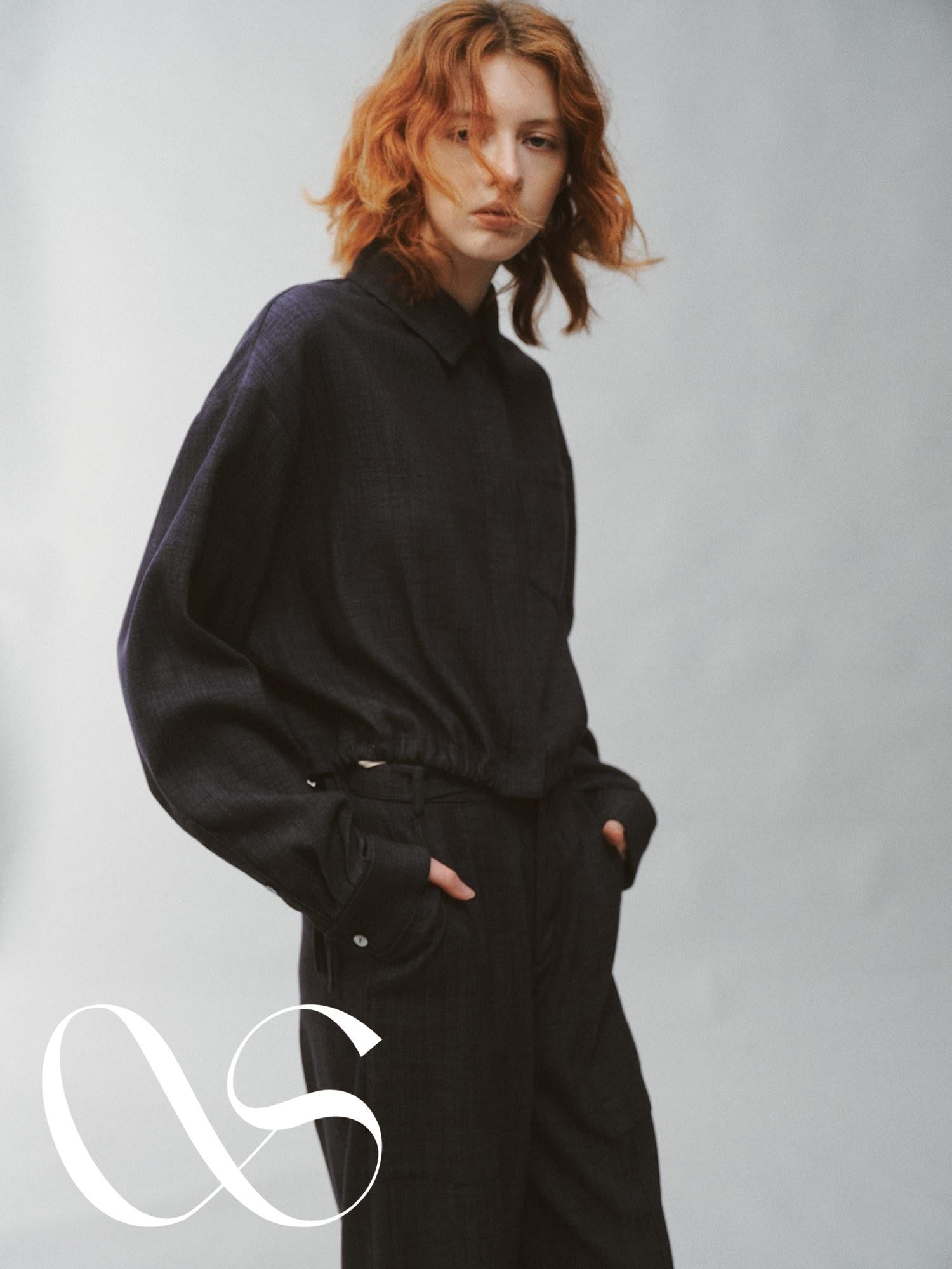 FUSSED Pleated Panelled Stand Collar Relaxed Cropped Women&