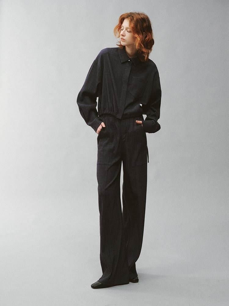 FUSSED Pleated Panelled Stand Collar Relaxed Cropped Women&