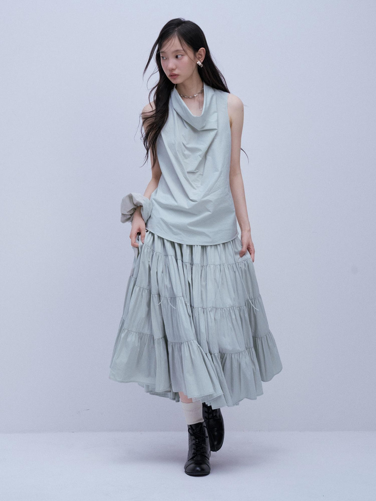 FUSSED Pleated Plaid Tiered A Line Cotton Women&