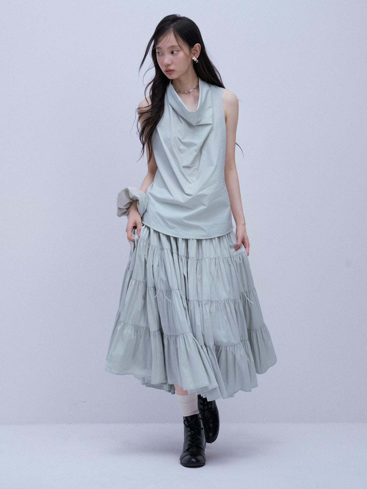 FUSSED Pleated Plaid Tiered A Line Cotton Women&