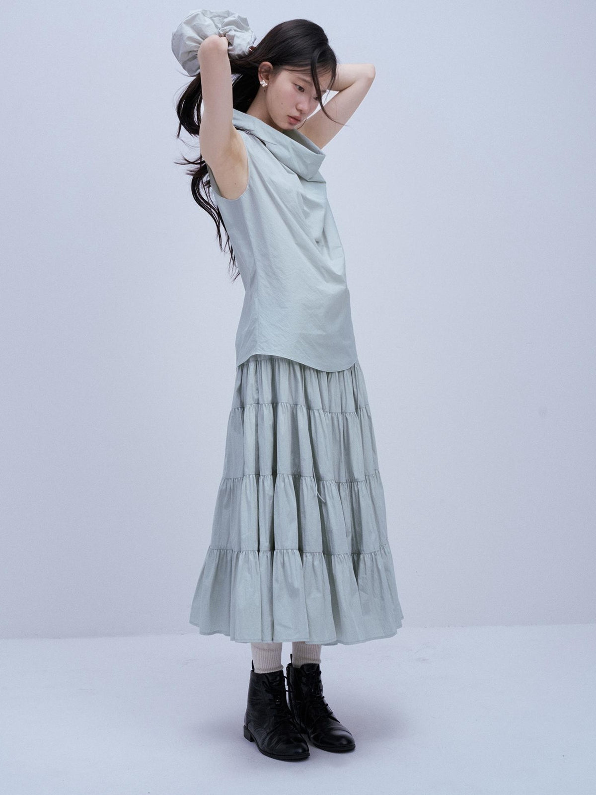 FUSSED Pleated Plaid Tiered A Line Cotton Women&