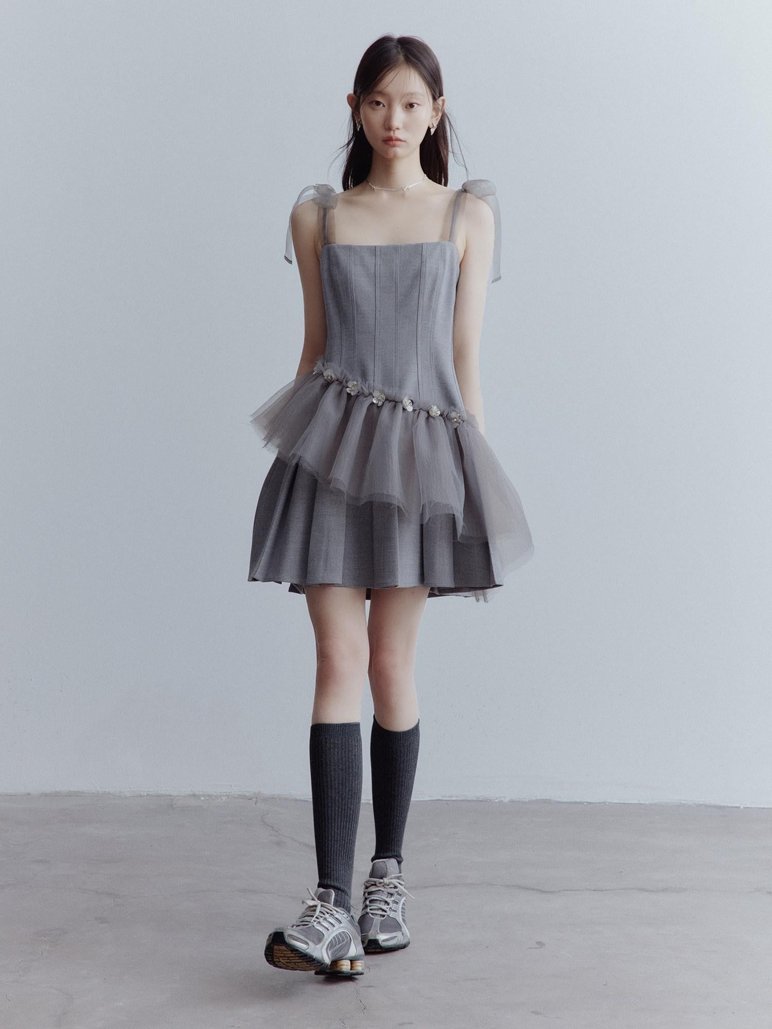 FUSSED Pleated Tulle Hand Beaded Floral Women&