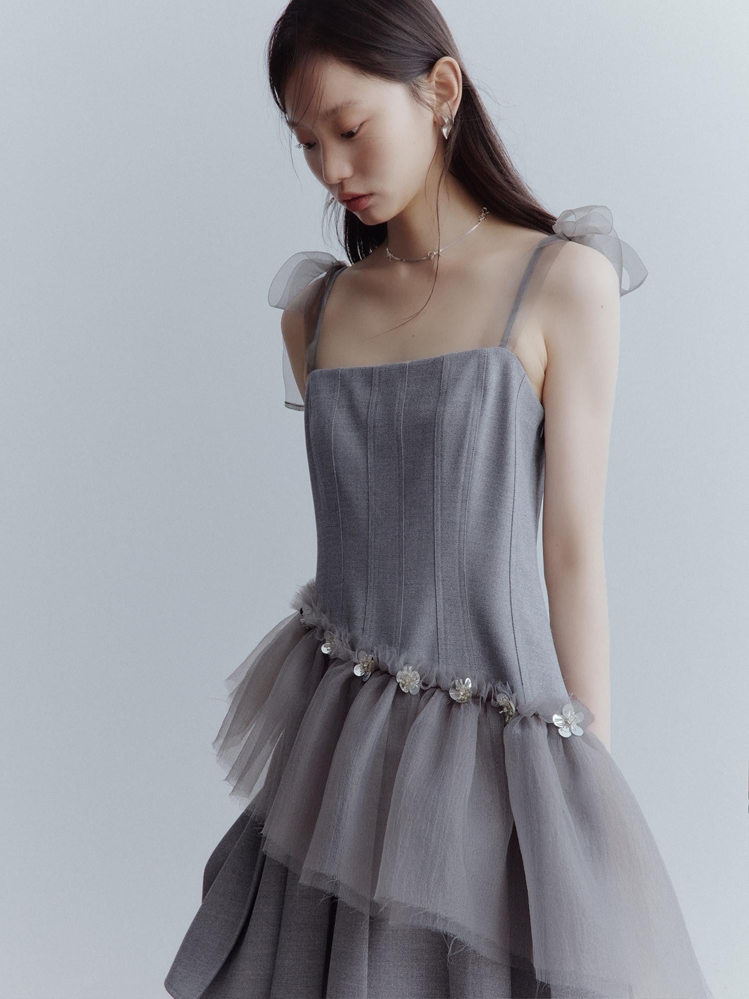 FUSSED Pleated Tulle Hand Beaded Floral Women&