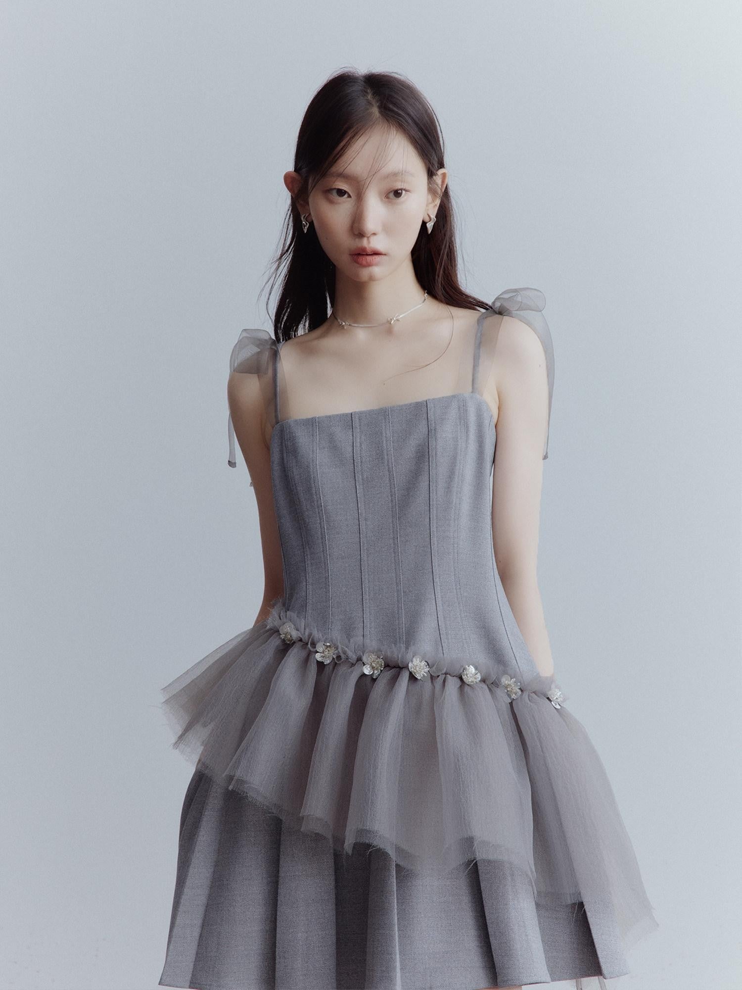 FUSSED Pleated Tulle Hand Beaded Floral Women&