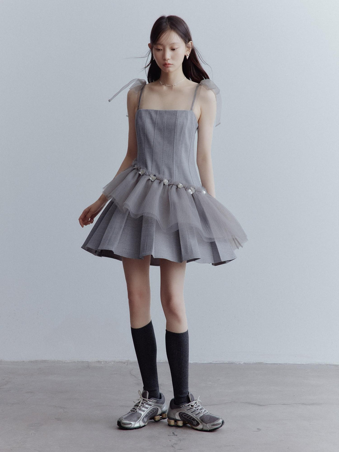 FUSSED Pleated Tulle Hand Beaded Floral Women&