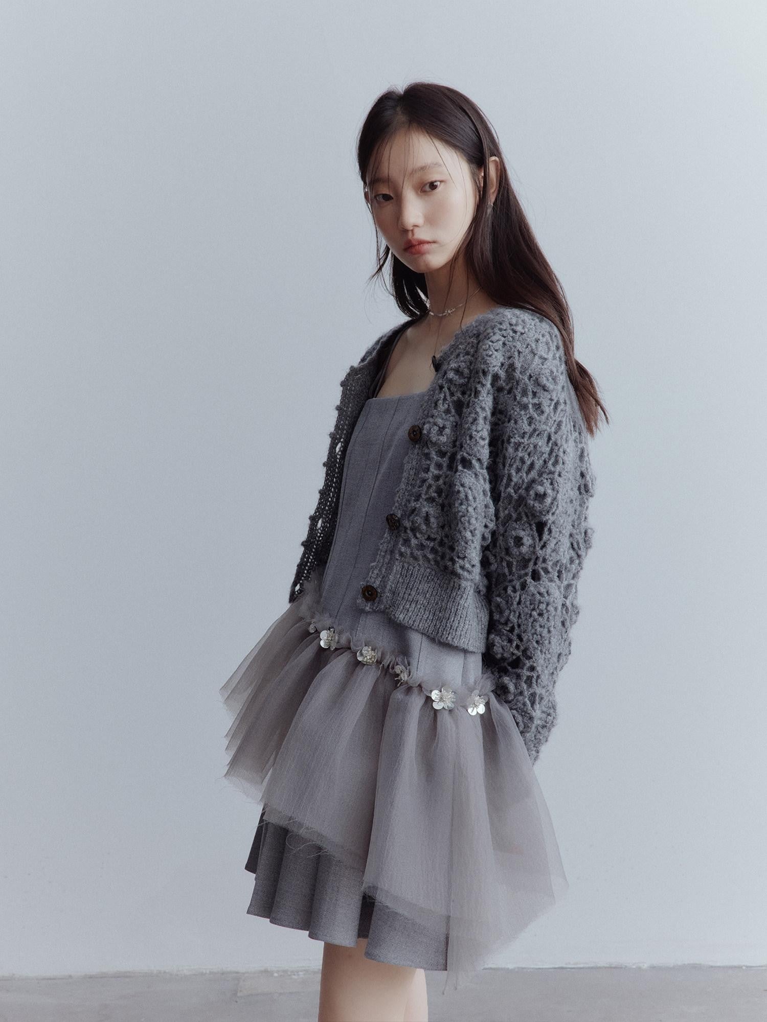 FUSSED Pleated Tulle Hand Beaded Floral Women&