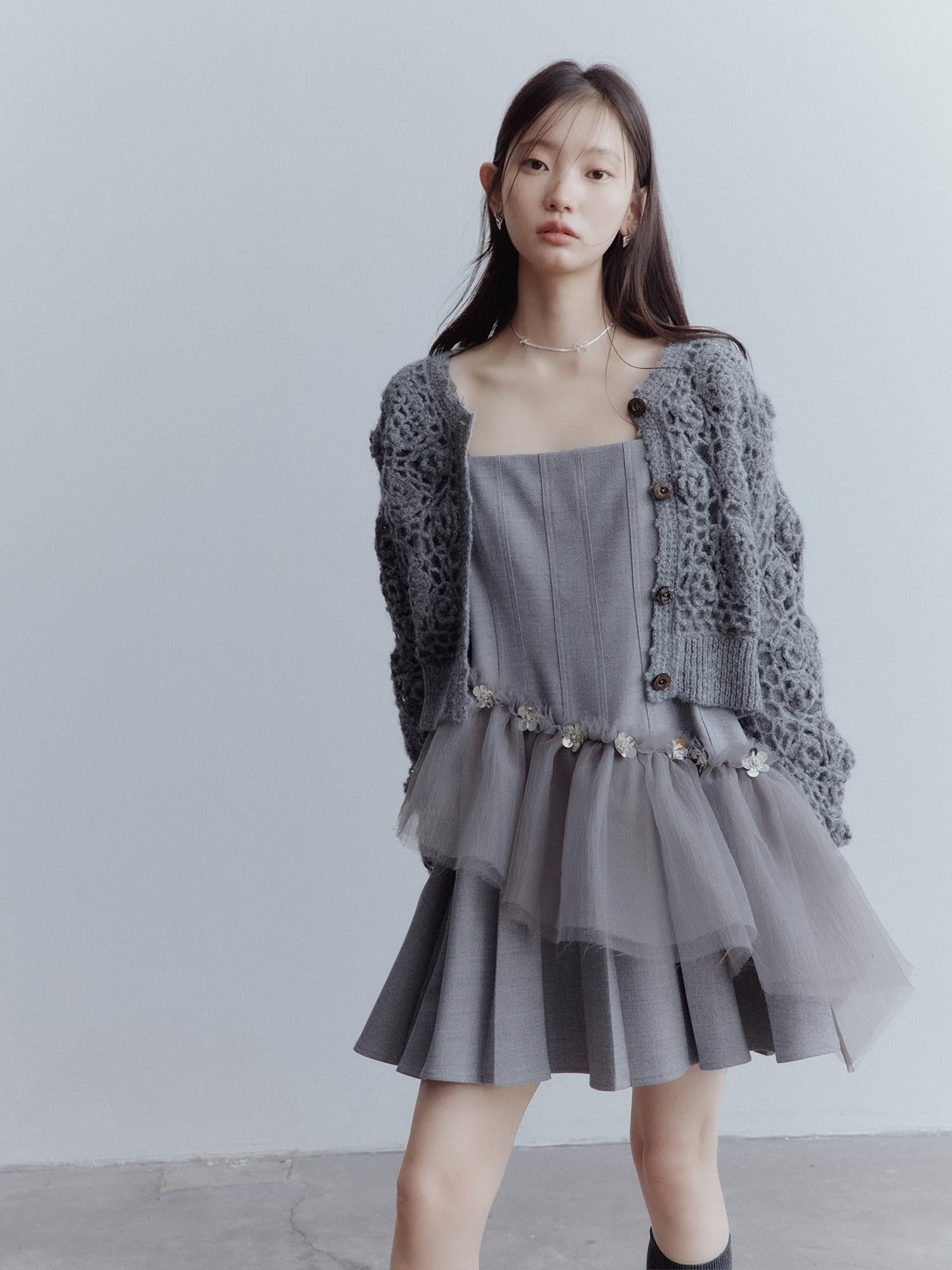 FUSSED Pleated Tulle Hand Beaded Floral Women&