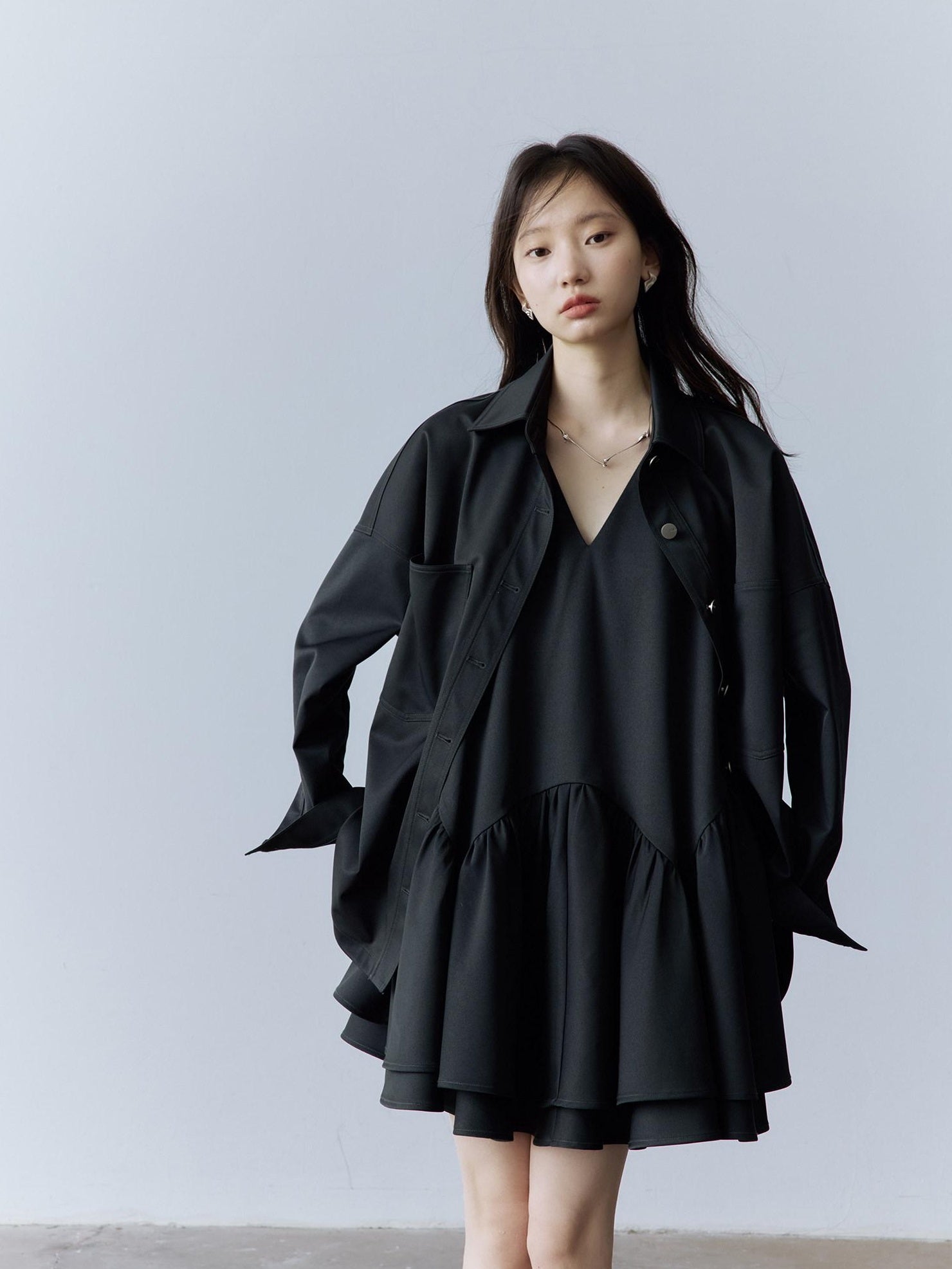 FUSSED Pocketed Utility Oversized Collared Long Sleeve Casual Young Women Button Blouse