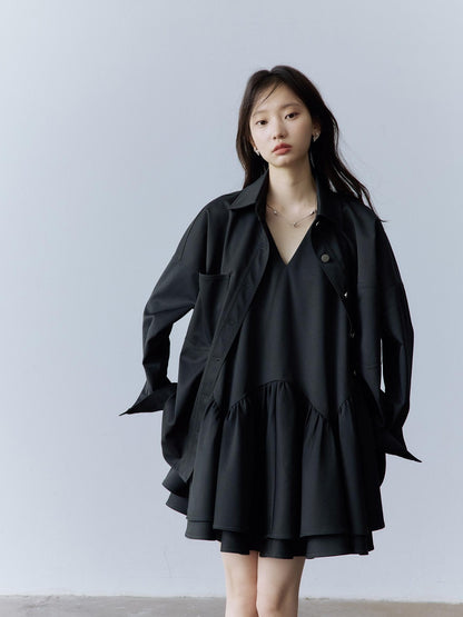 FUSSED Pocketed Utility Oversized Collared Long Sleeve Casual Young Women Button Blouse