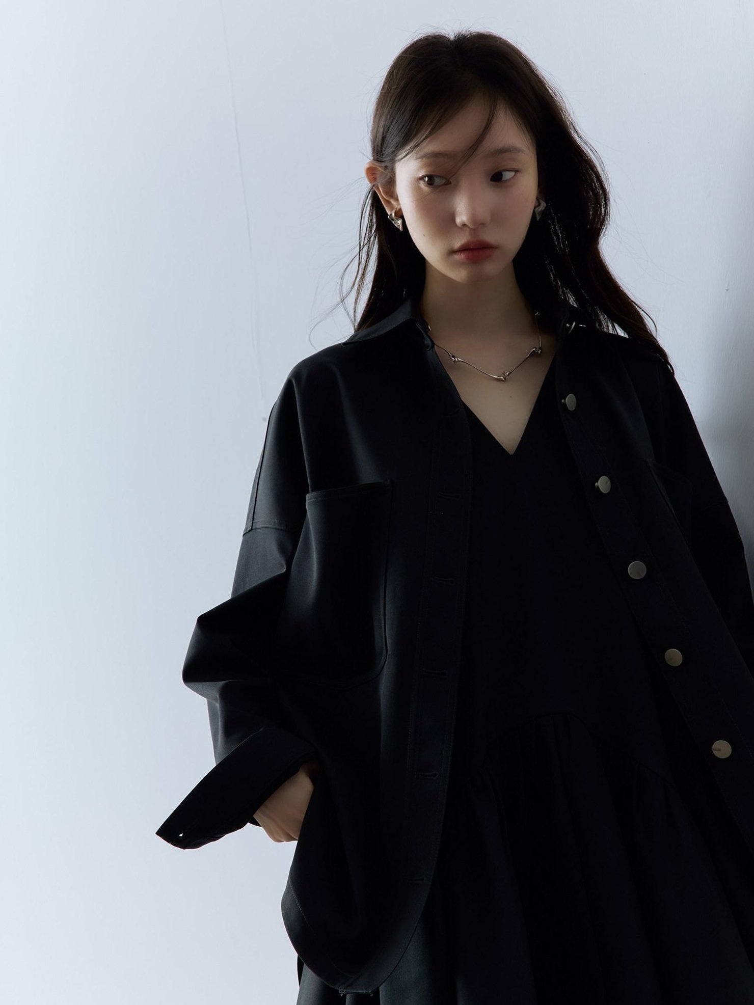 FUSSED Pocketed Utility Oversized Collared Long Sleeve Casual Young Women Button Blouse