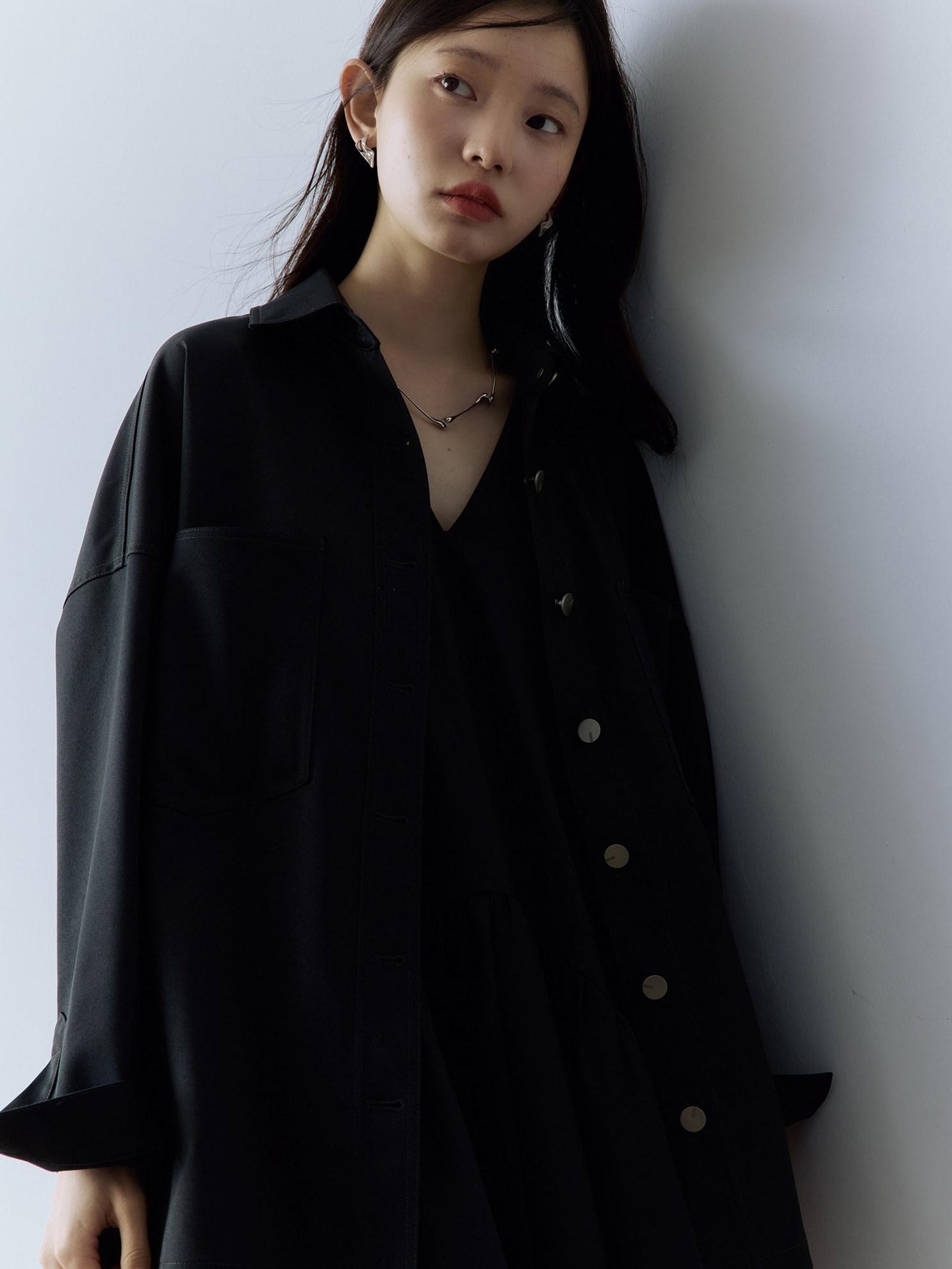 FUSSED Pocketed Utility Oversized Collared Long Sleeve Casual Young Women Button Blouse