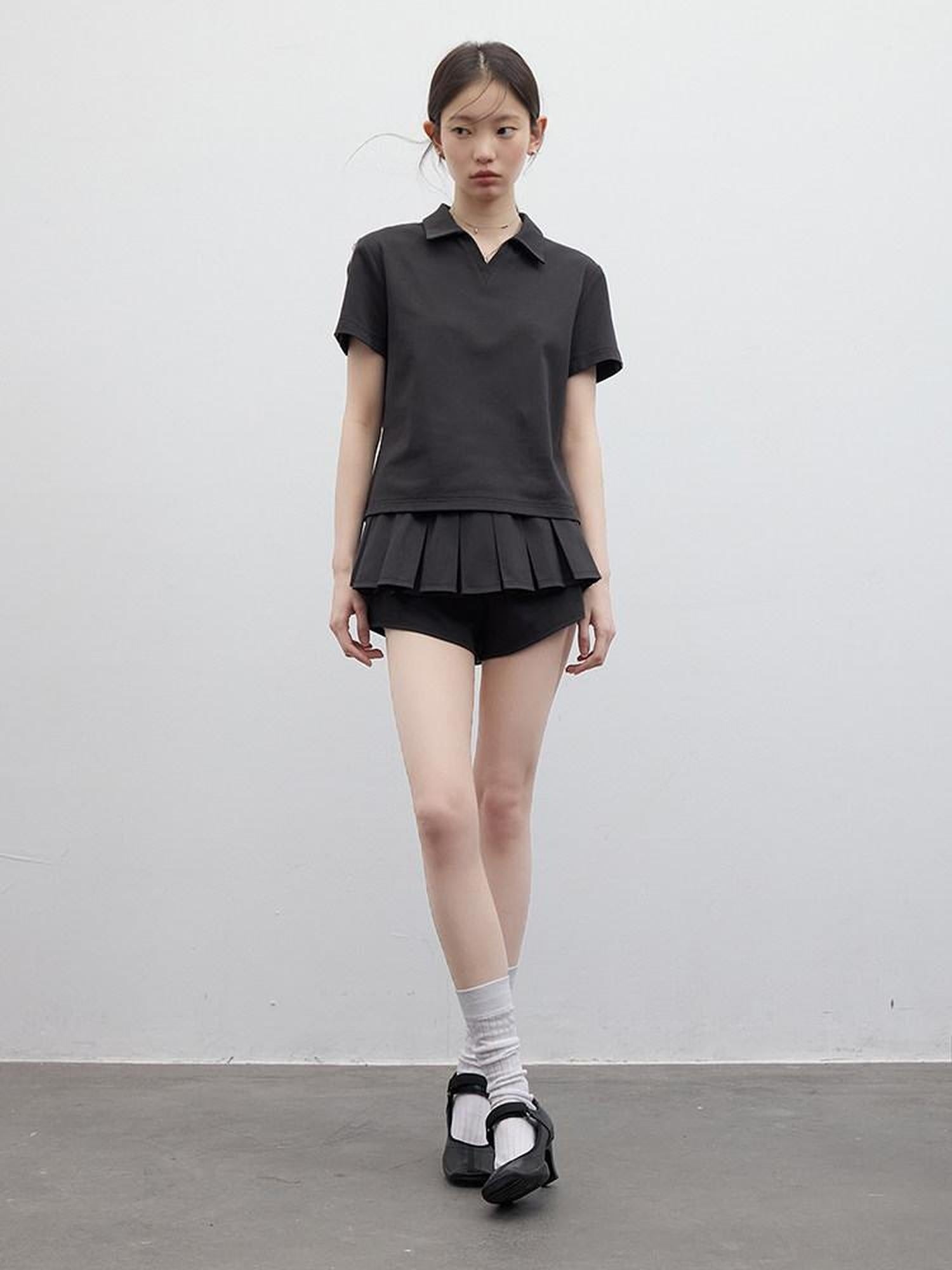 FUSSED Polo Collar Two Piece Set Girlish Short Sleeve Pullover Young Women T-Shirt