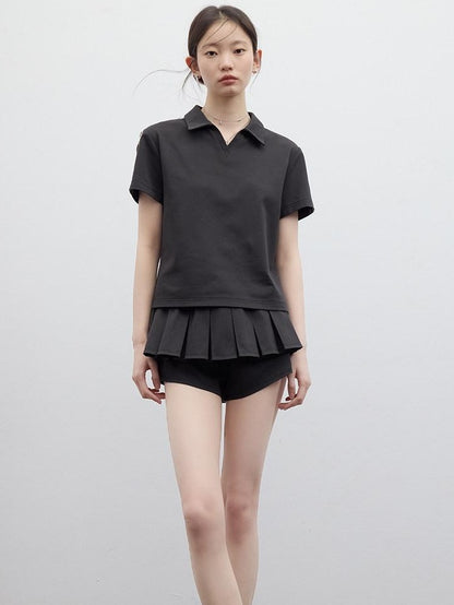 FUSSED Polo Collar Two Piece Set Girlish Short Sleeve Pullover Young Women T-Shirt