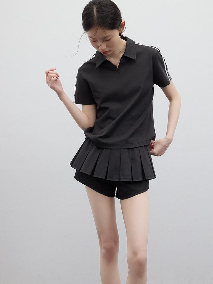 FUSSED Polo Collar Two Piece Set Girlish Short Sleeve Pullover Young Women T-Shirt