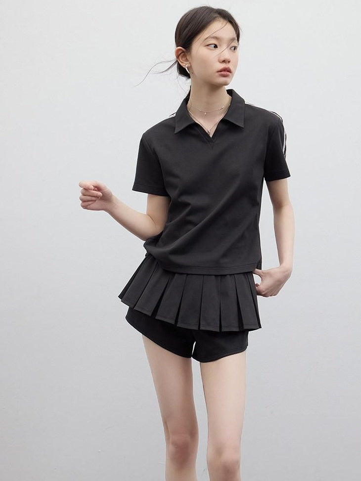 FUSSED Polo Collar Two Piece Set Girlish Short Sleeve Pullover Young Women T-Shirt