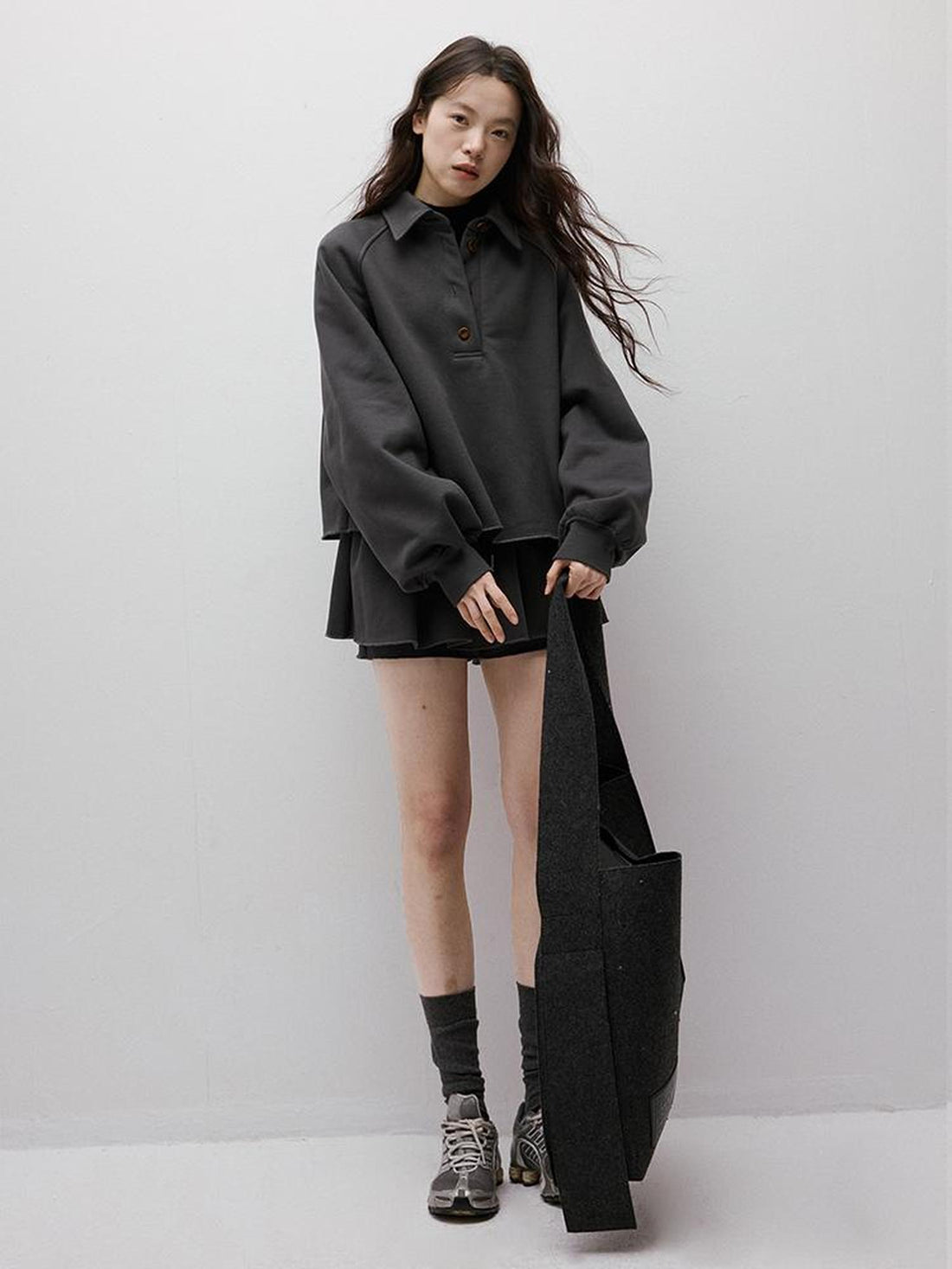 FUSSED Preppy Anti Static Brushed Polo Sweatshirt In Meteor Gray