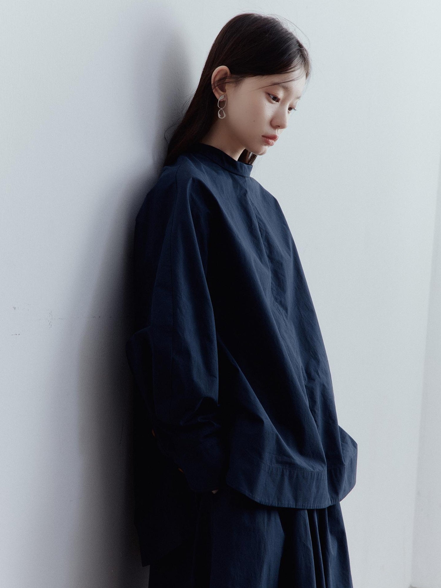 FUSSED Prussian Blue A Line Cut Out Sleeve Cotton Shirt