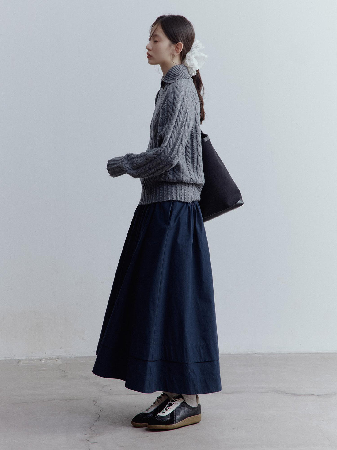 FUSSED Prussian Blue A Line Tiered Cotton Midi Skirt With Pockets