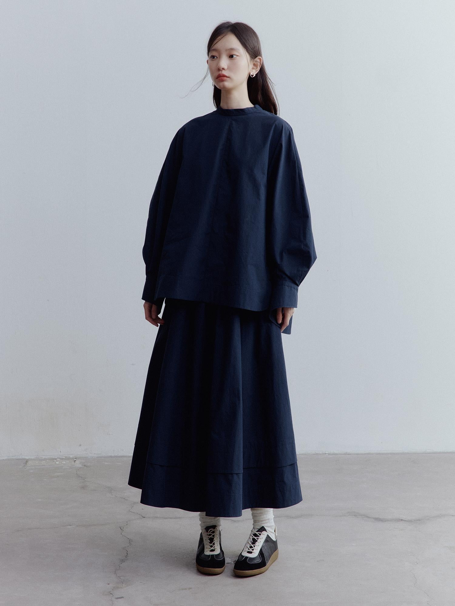 FUSSED Prussian Blue A Line Tiered Cotton Midi Skirt With Pockets