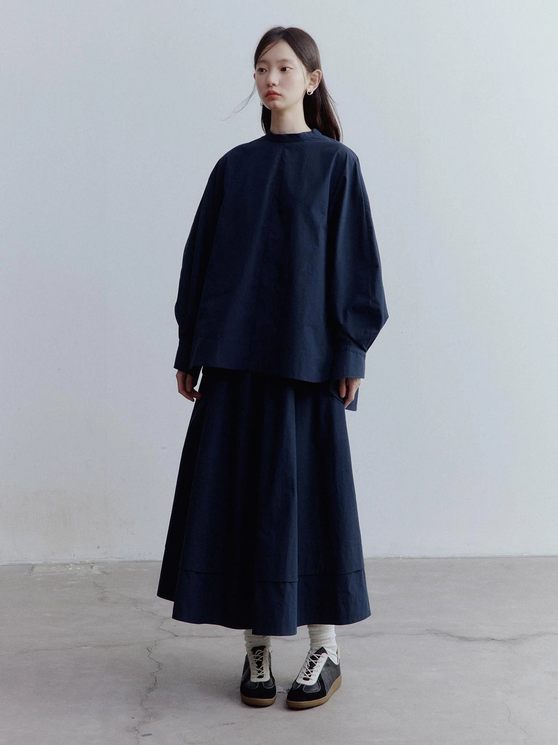 Prussian Blue A Line Tiered Cotton Midi Skirt With Pockets
