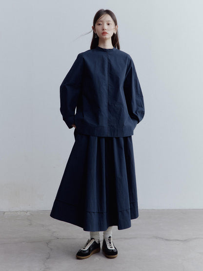FUSSED Prussian Blue A Line Tiered Cotton Midi Skirt With Pockets