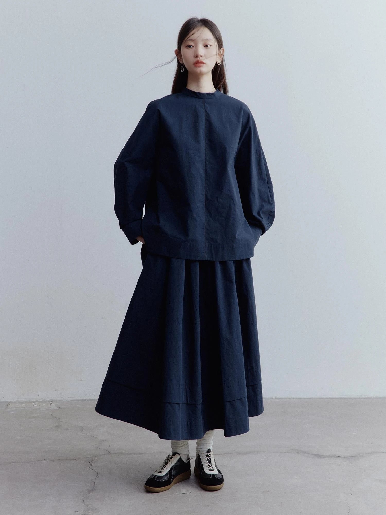 Prussian Blue A Line Tiered Cotton Midi Skirt With Pockets