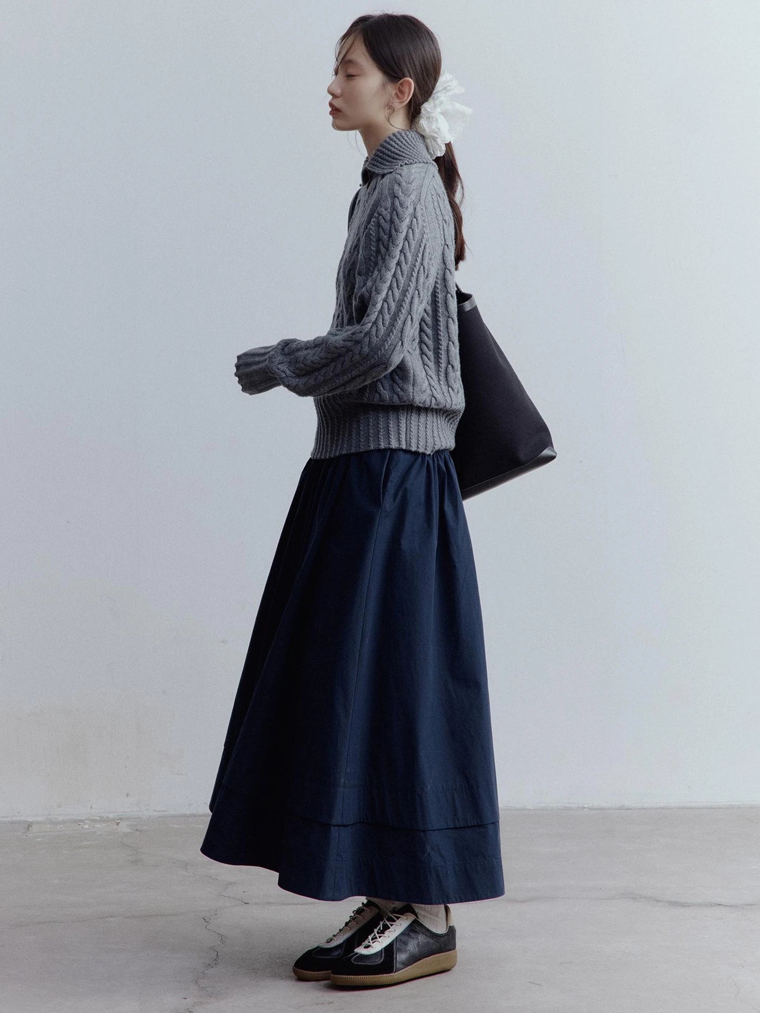 Prussian Blue A Line Tiered Cotton Midi Skirt With Pockets